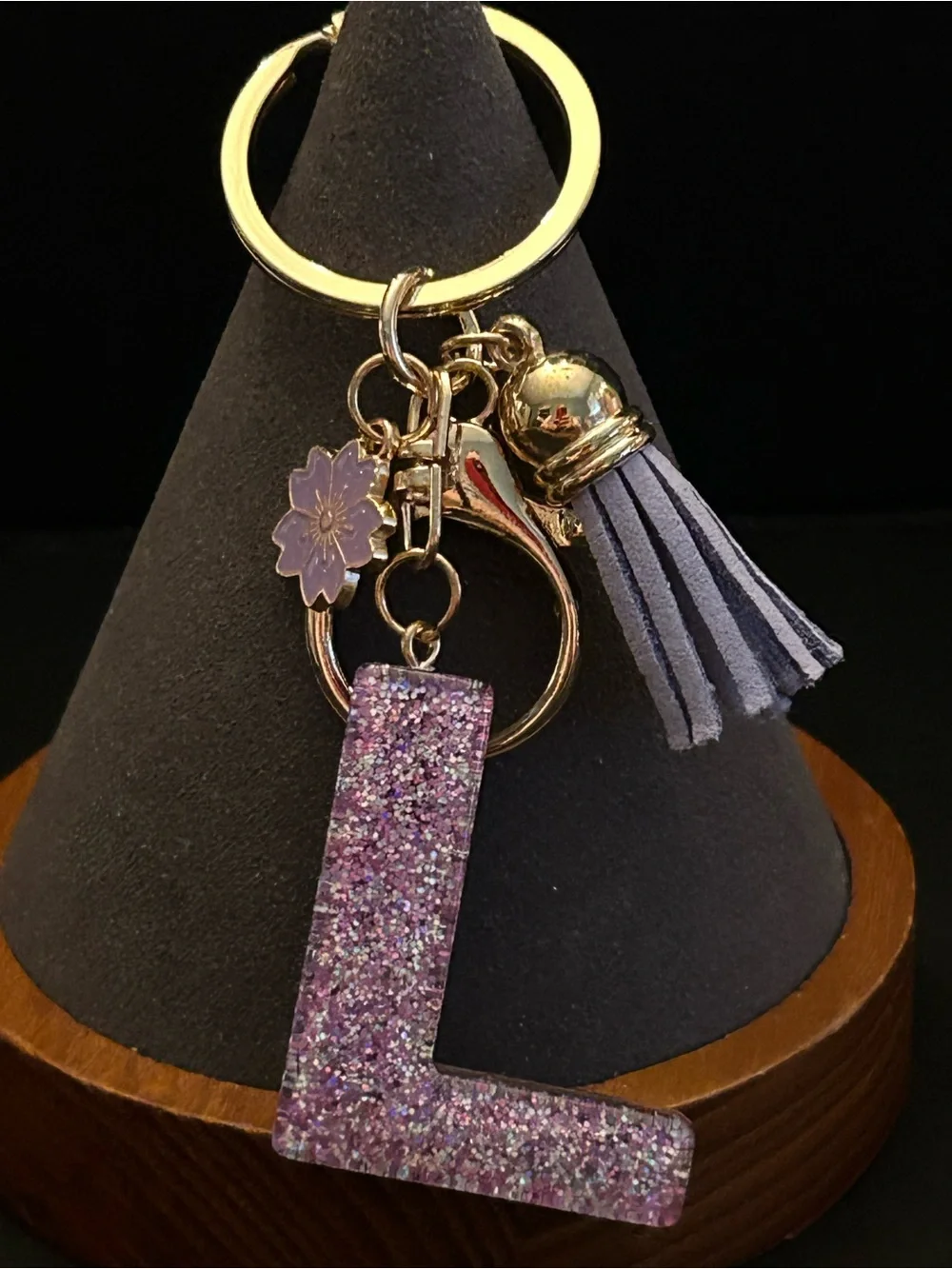 Gold-Tone Key & Card Holder w/Purple Glitter Choice of Initial Charm w/Tassel